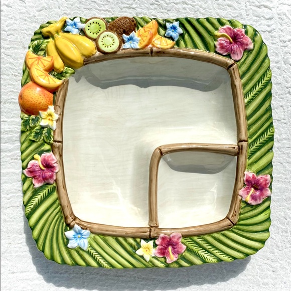 VTG 🏝Tropical Serving  Platter Floral & Fruit Chip Dip Veggie & Dip 🌺🥝🎋🍌🎋. - Picture 16 of 16